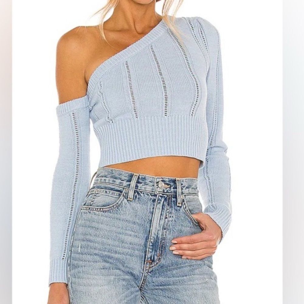 MAJORELLE - Landau Cropped One Shoulder Sweater in Baby Blue